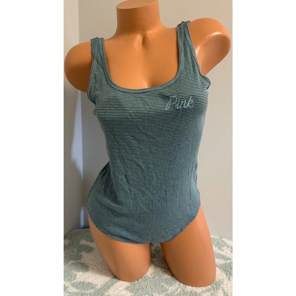 Pink Victoria's Secret Body Suit Sleeveless Tank Top Large Green/Black Striped